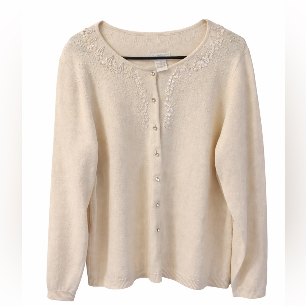 Worthington Woman 1X Cream Beaded Sequin Cardigan Sweater